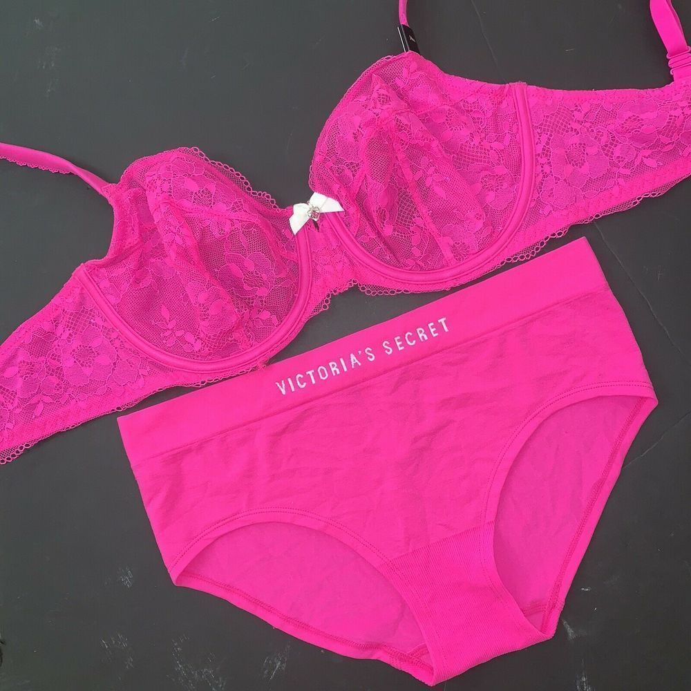 Victoria's Secret unlined 34C,34DDD BRA SET M,L panty Hot Pink lace floral BODY
